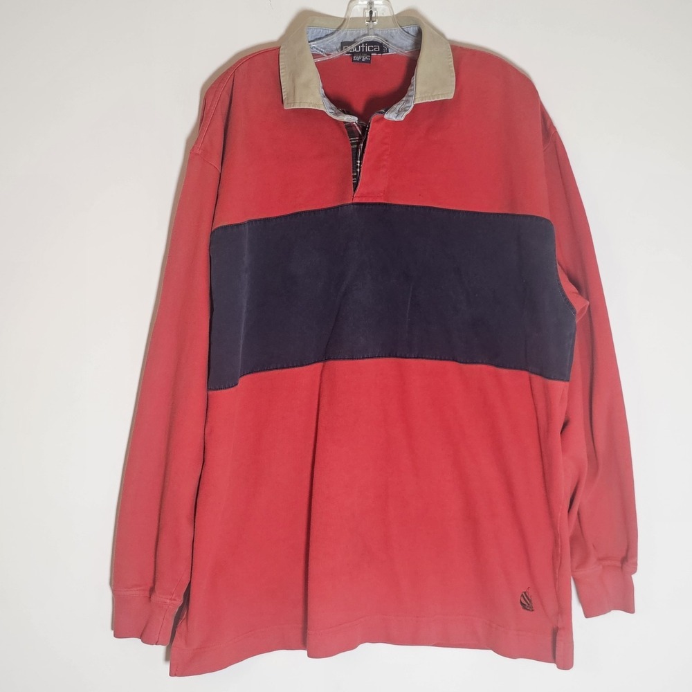 Nautica Shirt Mens XL Red Navy Stripe Plaid Rugby Polo 90s Denim Heavyweight VTG